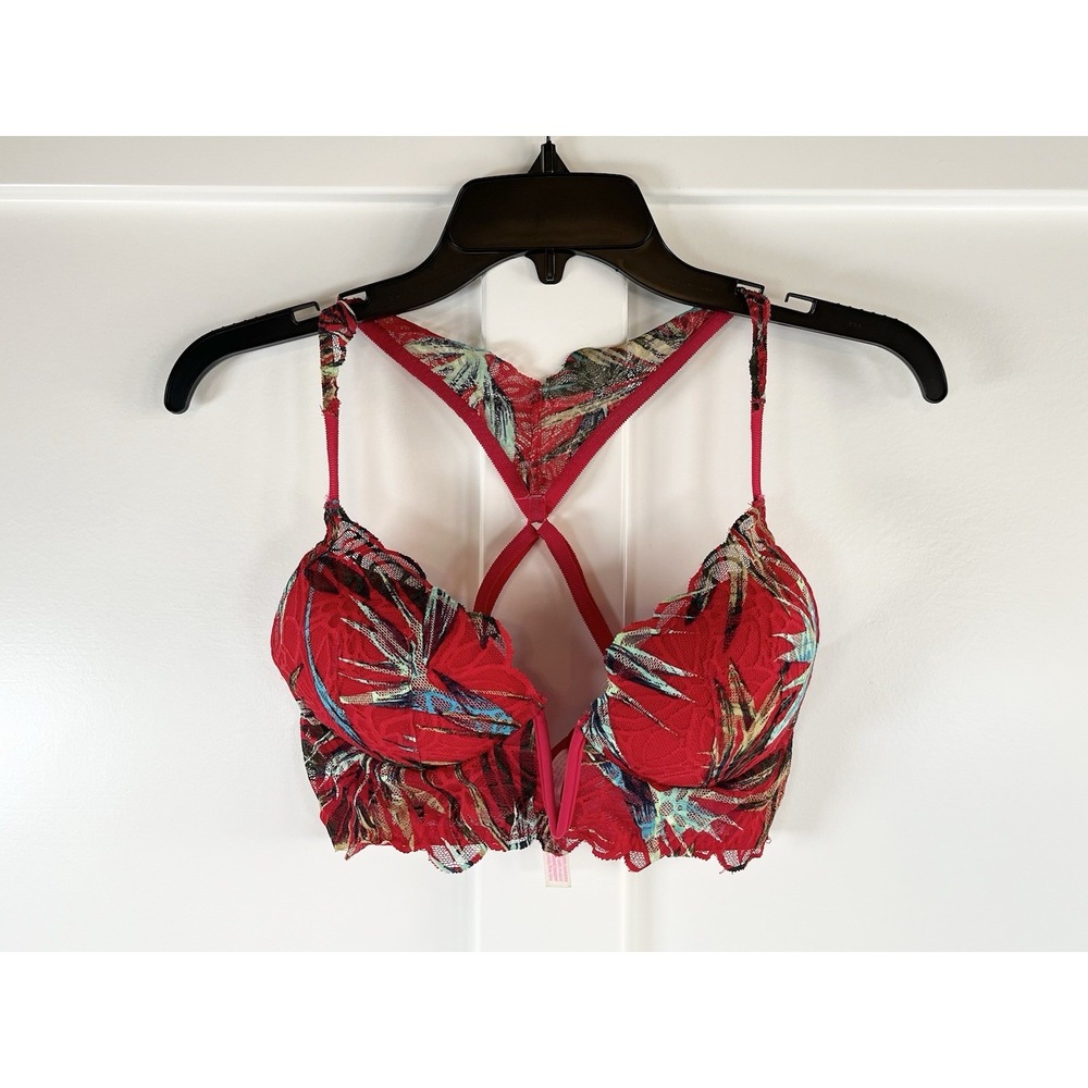 Victorias Secret PINK Date Push Up Bra Small Tropical Red Lace Racerback